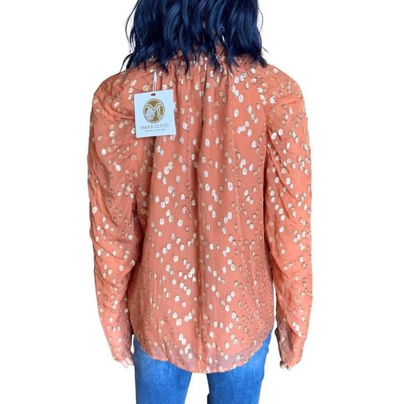 NWT Marie Oliver Layla Orange Gold Metallic High Neck Blouse - Picture 5 of 7